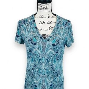 Croft & Barrow Blue Green Paisley V-Neck Top SIZE SMALL